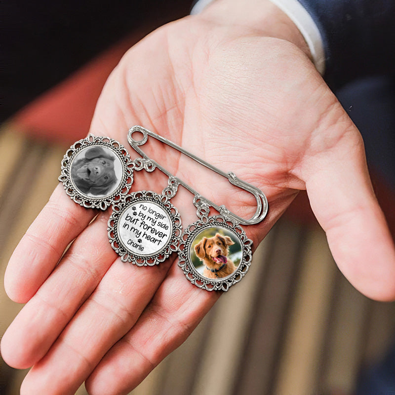 Photo personnalisée : « Je ne suis plus à mes côtés, mais je suis à jamais dans mon cœur » – Broche ronde personnalisée commémorative – Cadeau de condoléances pour les propriétaires et les amoureux des animaux