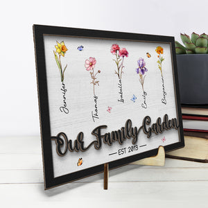 Notre jardin familial - Plaque en bois personnalisée à 2 couches avec support - Cadeau de pendaison de crémaillère pour les membres de la famille