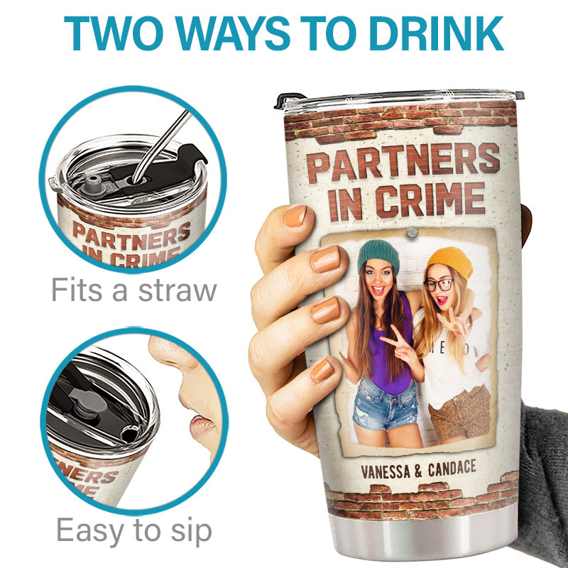 Photo personnalisée « Partenaires de crime si on se fait prendre » - Gobelet personnalisé Bestie - Cadeau pour meilleures amies, meilleures amies, sœurs