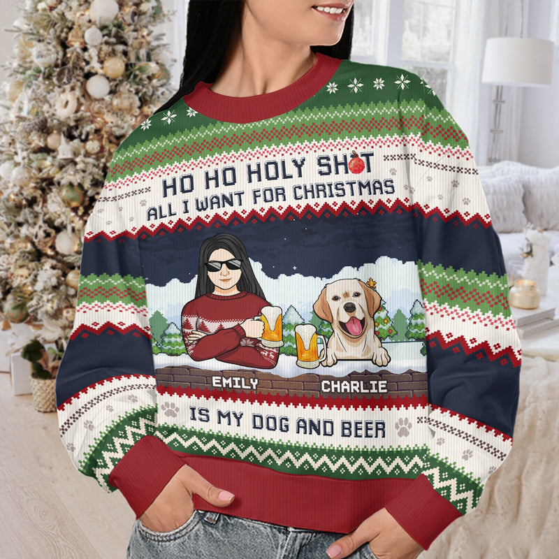 Tout ce que je veux pour Noël, c'est mon chien et de la bière - Sweat-shirt moche personnalisé pour chien - Pull en laine unisexe - Cadeau de Noël pour les propriétaires et les amoureux des animaux
