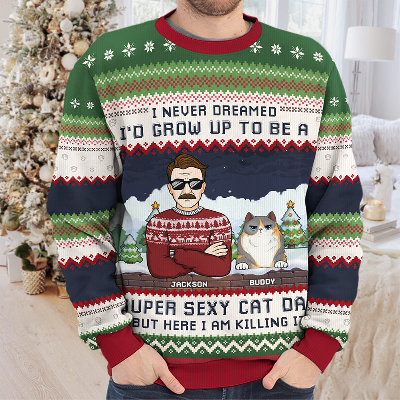 Papa chat super sexy - Sweat-shirt personnalisé avec chat - Pull en laine unisexe - Cadeau de Noël pour les propriétaires et les amoureux des animaux