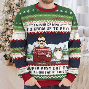 Papa chat super sexy - Sweat-shirt personnalisé avec chat - Pull en laine unisexe - Cadeau de Noël pour les propriétaires et les amoureux des animaux
