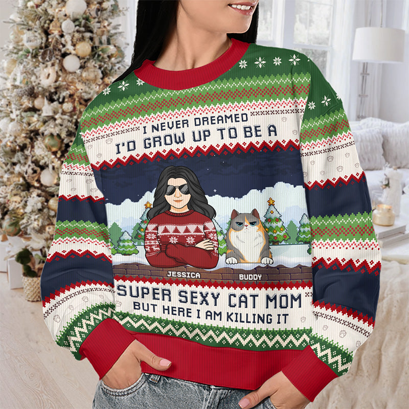 Papa chat super sexy - Sweat-shirt personnalisé avec chat - Pull en laine unisexe - Cadeau de Noël pour les propriétaires et les amoureux des animaux