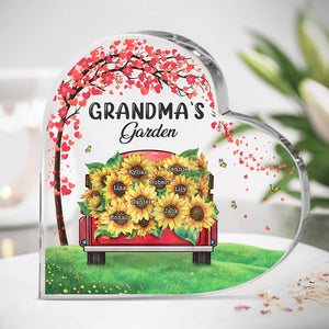 Jardin de tournesols pour grand-mère - Plaque acrylique personnalisée en forme de cœur pour la famille - Cadeau d'anniversaire pour grand-mère