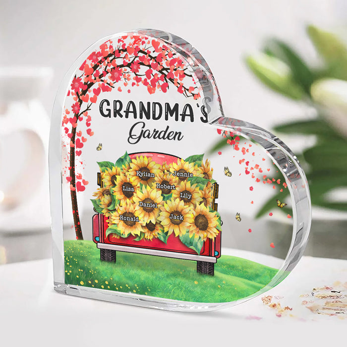 Jardin de tournesols pour grand-mère - Plaque acrylique personnalisée en forme de cœur pour la famille - Cadeau d'anniversaire pour grand-mère