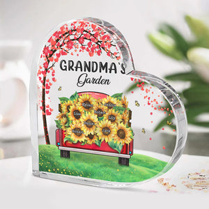 Jardin de tournesols pour grand-mère - Plaque acrylique personnalisée en forme de cœur pour la famille - Cadeau d'anniversaire pour grand-mère