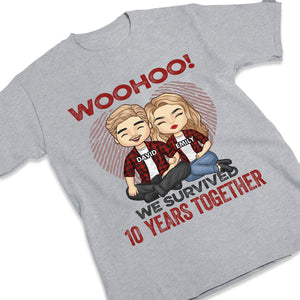 Woohoo, nous avons survécu de nombreuses années ensemble - T-shirt unisexe personnalisé, sweat à capuche, sweat-shirt - Cadeau pour couple, mari et femme, anniversaire, fiançailles, mariage, cadeau de mariage