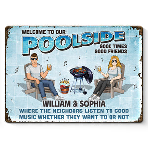 Bienvenue au bord de notre piscine - Plaque en métal personnalisée pour couple - Cadeau de pendaison de crémaillère pour mari et femme, anniversaire