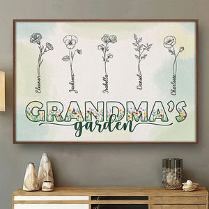 Le charmant jardin de grand-mère - Affiche horizontale personnalisée pour la famille - Cadeau d'anniversaire pour maman et grand-mère