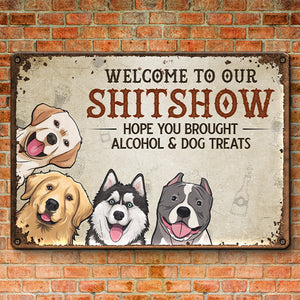 Bienvenue dans notre Shitshow - Plaque en métal personnalisée pour chien et chat - Cadeau de pendaison de crémaillère pour propriétaires d'animaux et amoureux des animaux