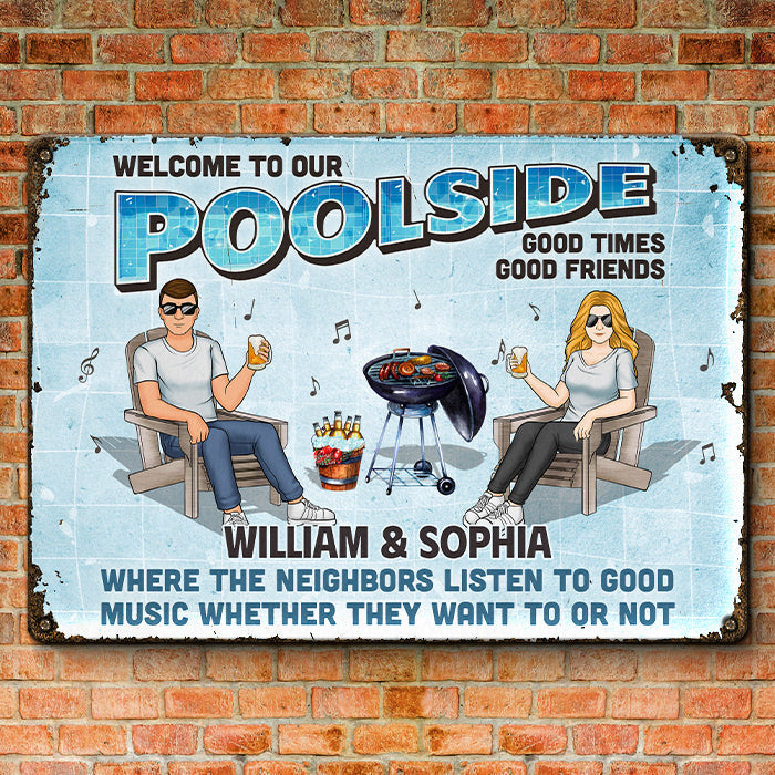 Bienvenue au bord de notre piscine - Plaque en métal personnalisée pour couple - Cadeau de pendaison de crémaillère pour mari et femme, anniversaire