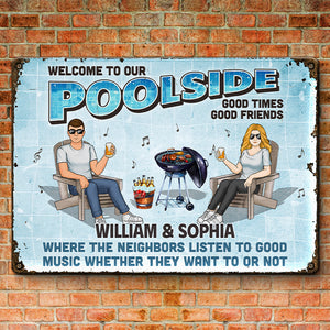 Bienvenue au bord de notre piscine - Plaque en métal personnalisée pour couple - Cadeau de pendaison de crémaillère pour mari et femme, anniversaire