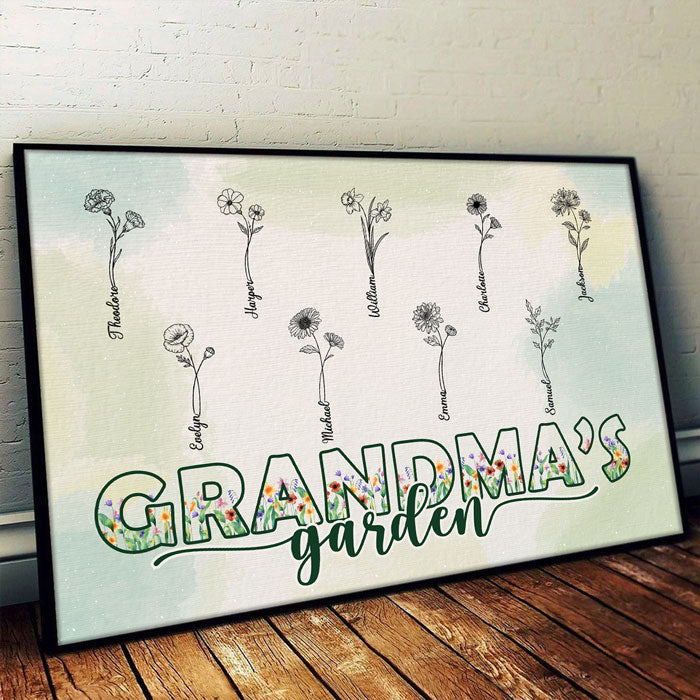 Le charmant jardin de grand-mère - Affiche horizontale personnalisée pour la famille - Cadeau d'anniversaire pour maman et grand-mère