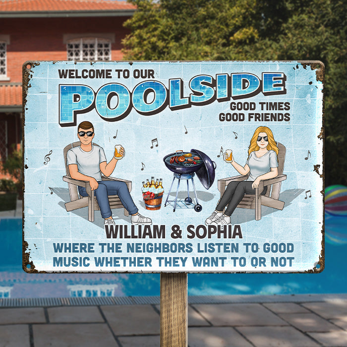 Bienvenue au bord de notre piscine - Plaque en métal personnalisée pour couple - Cadeau de pendaison de crémaillère pour mari et femme, anniversaire