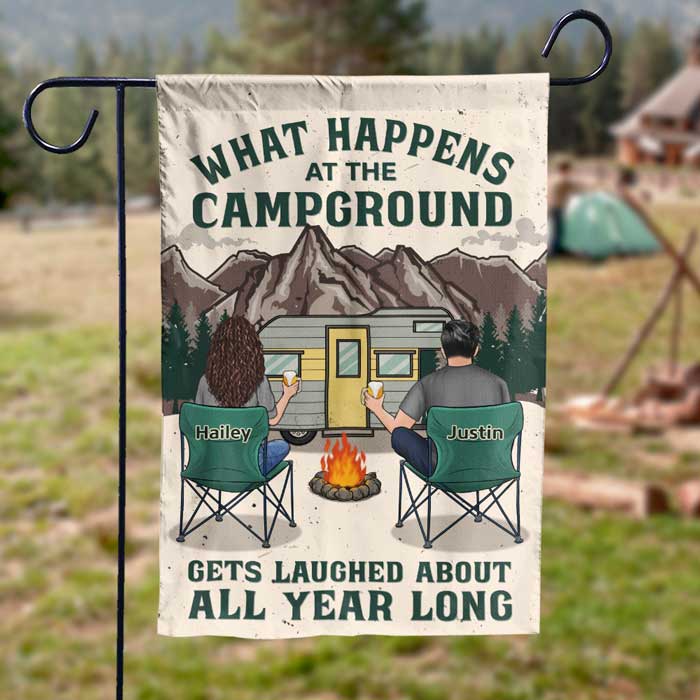 What Happens At The Campground, Gets Laughed About All Year Long - Gift For Camping Couples, Personalized Flag.