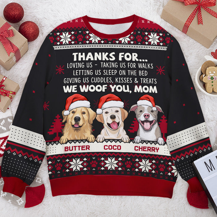 Merci de nous aimer, nous vous adressons nos salutations - Sweat-shirt de Noël unisexe personnalisé et moche, sweat-shirt en laine, sweat-shirt imprimé intégral - Cadeau pour les amoureux des chiens, les amoureux des animaux, cadeau de Noël