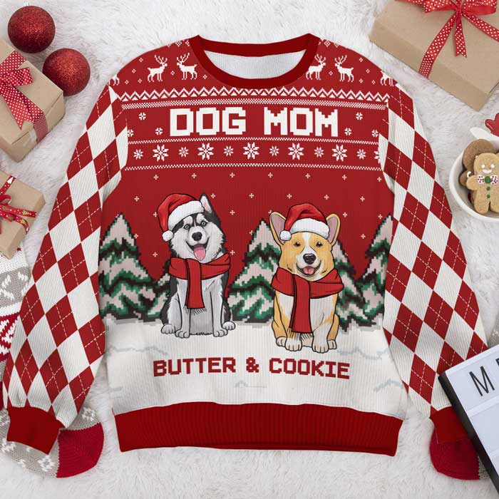 Joyeux Noël, papa chien, maman chien - Sweat-shirt de Noël unisexe personnalisé, sweat-shirt en laine, sweat-shirt imprimé intégral - Cadeau pour les amoureux des chiens, les amoureux des animaux, cadeau de Noël