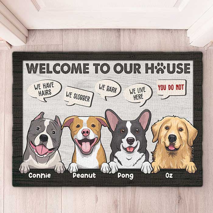Bienvenue chez nous, nous vivons ici, vous non - Tapis décoratif personnalisé - Cadeau pour les amoureux des chiens, propriétaires de chiens, cadeau pour chien, cadeau pour les amoureux des animaux