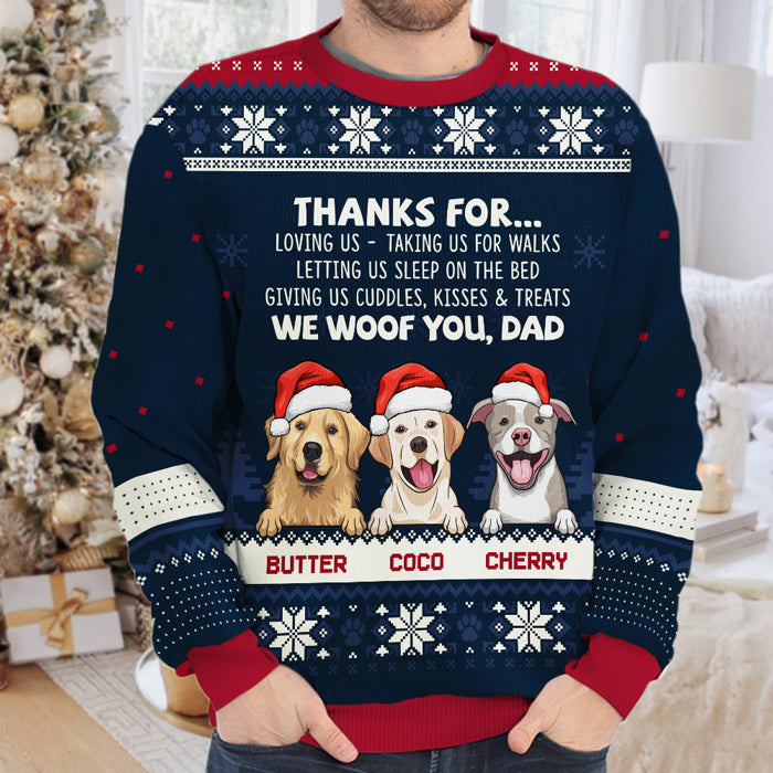 Merci de nous aimer, nous vous adressons nos salutations - Sweat-shirt de Noël unisexe personnalisé et moche, sweat-shirt en laine, sweat-shirt imprimé intégral - Cadeau pour les amoureux des chiens, les amoureux des animaux, cadeau de Noël