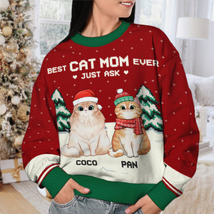 Meilleur papa chat de tous les temps, demandez-le simplement ! Sweat-shirt de Noël unisexe personnalisé, en laine, imprimé intégral - Cadeau pour les amoureux des chats, les amoureux des animaux, cadeau de Noël.