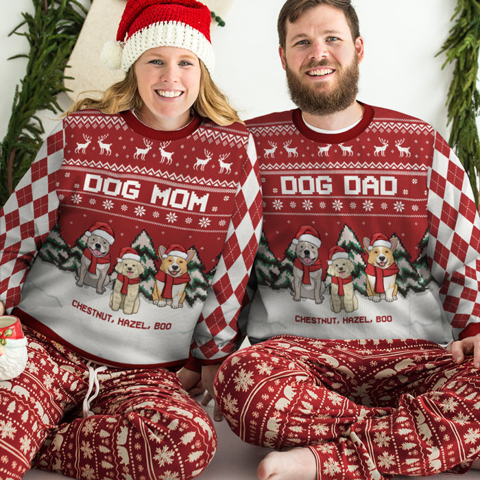 Joyeux Noël, papa chien, maman chien - Sweat-shirt de Noël unisexe personnalisé, sweat-shirt en laine, sweat-shirt imprimé intégral - Cadeau pour les amoureux des chiens, les amoureux des animaux, cadeau de Noël