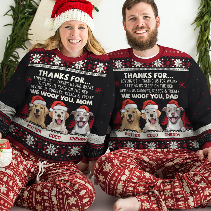 Merci de nous aimer, nous vous adressons nos salutations - Sweat-shirt de Noël unisexe personnalisé et moche, sweat-shirt en laine, sweat-shirt imprimé intégral - Cadeau pour les amoureux des chiens, les amoureux des animaux, cadeau de Noël