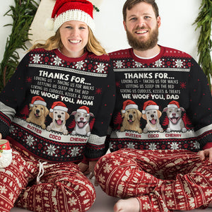 Merci de nous aimer, nous vous adressons nos salutations - Sweat-shirt de Noël unisexe personnalisé et moche, sweat-shirt en laine, sweat-shirt imprimé intégral - Cadeau pour les amoureux des chiens, les amoureux des animaux, cadeau de Noël