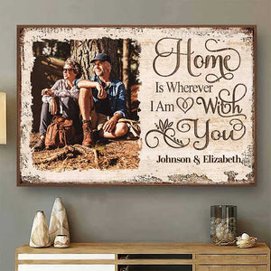 Home Is Wherever I Am With You - Upload Image, Gift For Couples, Husband Wife - Personalized Horizontal Poster.