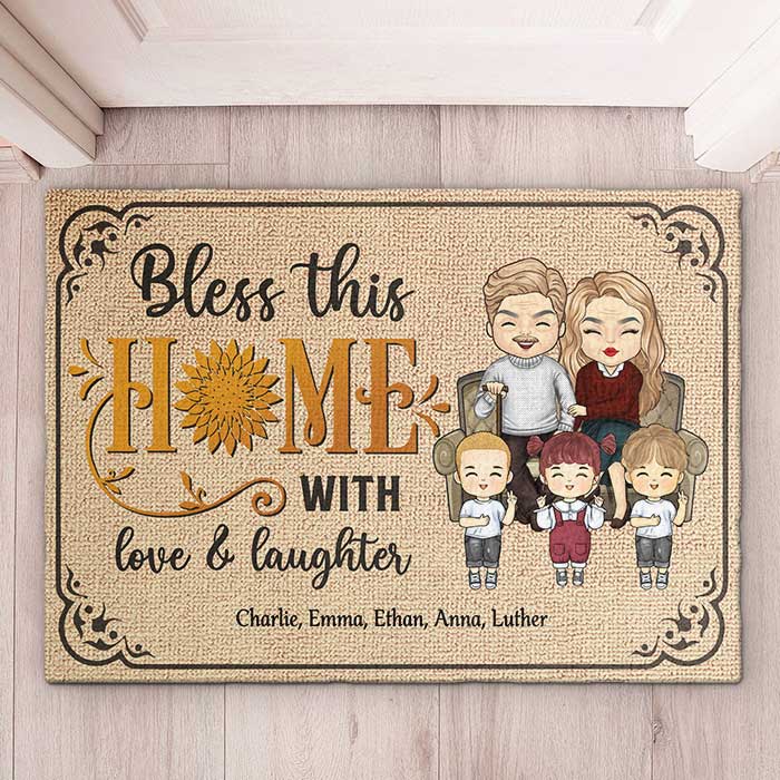 Bénissez cette maison avec amour et rires - Tapis décoratif personnalisé - Cadeaux d'anniversaire, cadeau pour couples, mari et femme