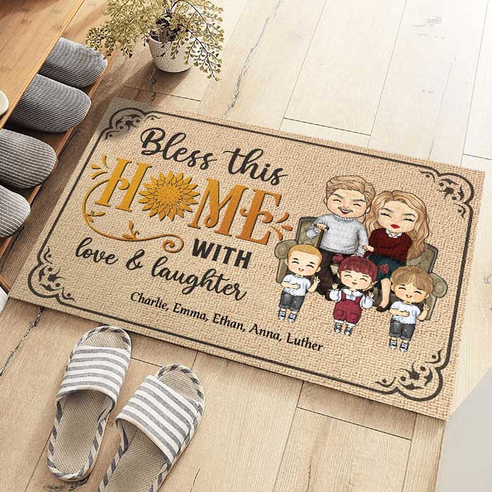 Bénissez cette maison avec amour et rires - Tapis décoratif personnalisé - Cadeaux d'anniversaire, cadeau pour couples, mari et femme