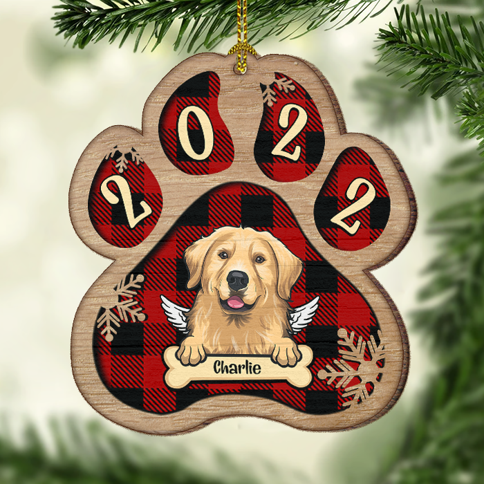 Décoration de Noël personnalisée en bois en forme de patte - Chien, chat et neige - Motif à carreaux Buffalo - Décoration personnalisée et cadeau pour les amoureux des animaux