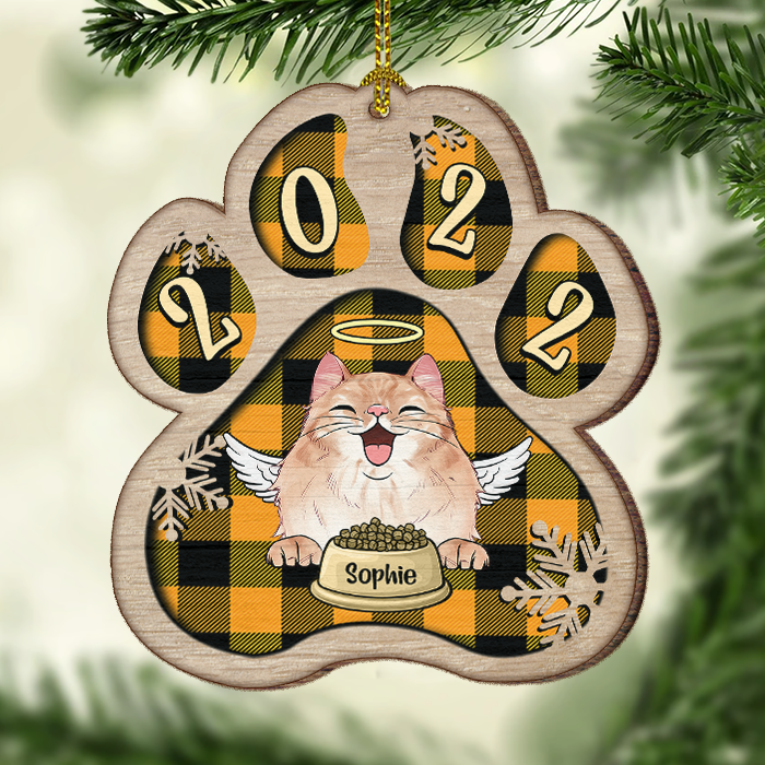 Décoration de Noël personnalisée en bois en forme de patte - Chien, chat et neige - Motif à carreaux Buffalo - Décoration personnalisée et cadeau pour les amoureux des animaux