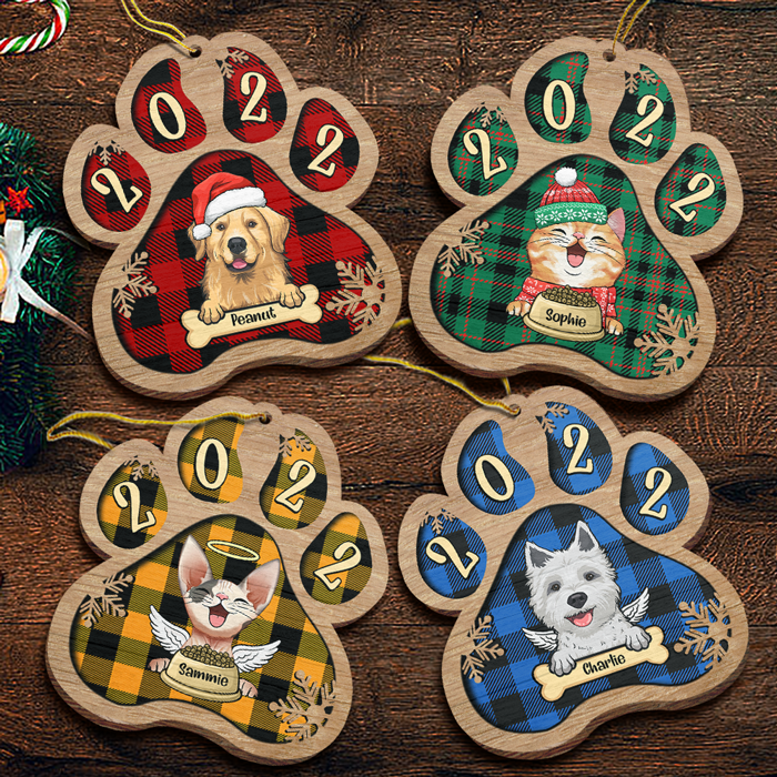 Décoration de Noël personnalisée en bois en forme de patte - Chien, chat et neige - Motif à carreaux Buffalo - Décoration personnalisée et cadeau pour les amoureux des animaux