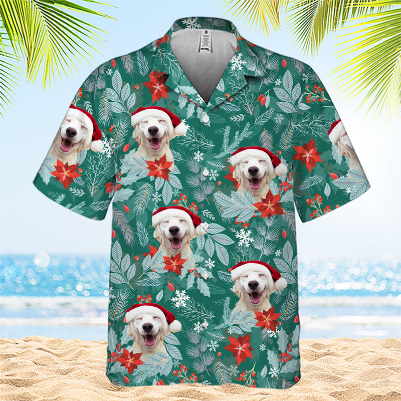 Motif floral de Noël - Chemise hawaïenne unisexe personnalisée pour chien et chat - Télécharger une image, visage de chien ou de chat - Cadeau de vacances d'été, cadeau pour propriétaires d'animaux et amoureux des animaux