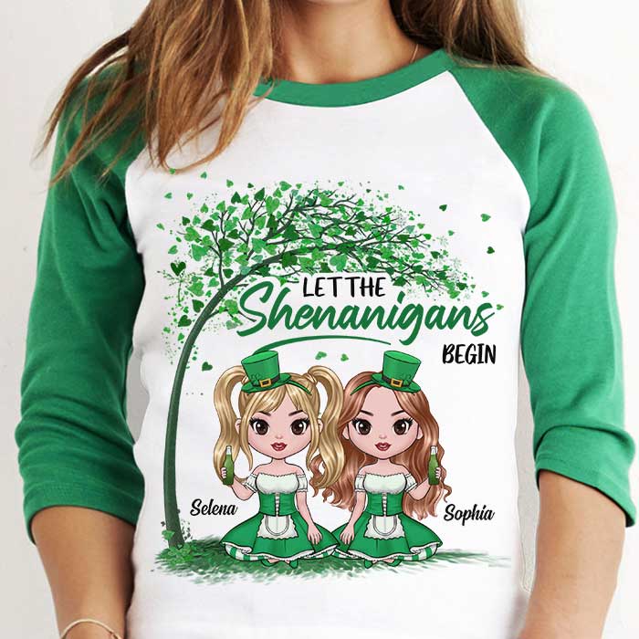 Let The Shenanigans Begin - Gift For Besties, Personalized St. Patrick's Day Unisex Raglan Shirt.
