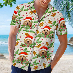 Motif canne à sucre et pain d'épices - T-shirt hawaïen unisexe personnalisé pour chien et chat - Télécharger une image, visage de chien, visage de chat - Cadeau vacances d'été, cadeau pour propriétaires d'animaux et amoureux des animaux