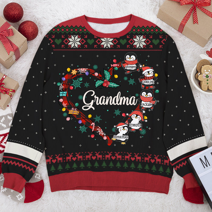 Noël des petits pingouins de grand-mère - Sweat-shirt moche personnalisé pour la famille - Pull en laine unisexe - Cadeau de Noël pour grand-mère et grands-parents