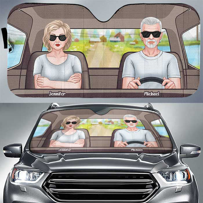 Mari et femme conduisant sur la route - Pare-soleil de voiture personnalisé - Cadeau pour couples, mari et femme