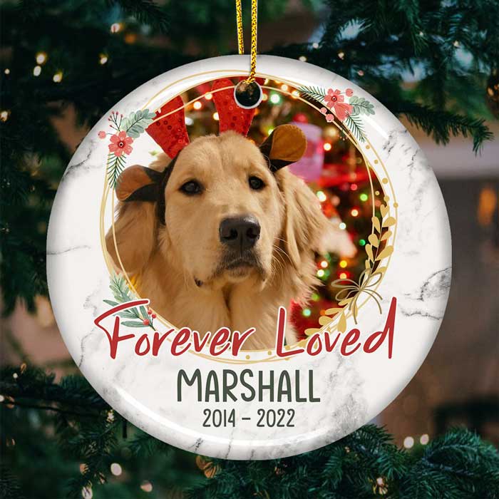 Forever Loved - Décoration de Noël ronde personnalisée en céramique - Télécharger une image, cadeau commémoratif, cadeau de condoléances, cadeau pour les amoureux des animaux, cadeau de Noël
