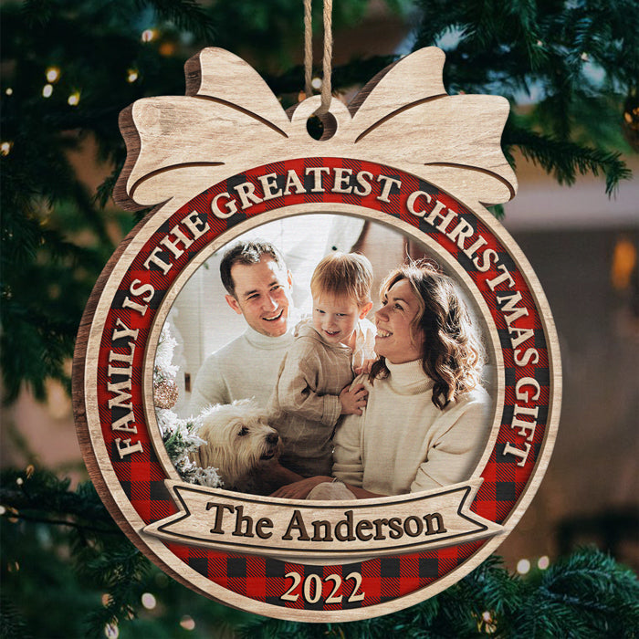 La famille est le plus beau cadeau de Noël ! Décoration de Noël ronde en bois personnalisée avec photo ! Télécharger une image, cadeau pour la famille, cadeau de Noël