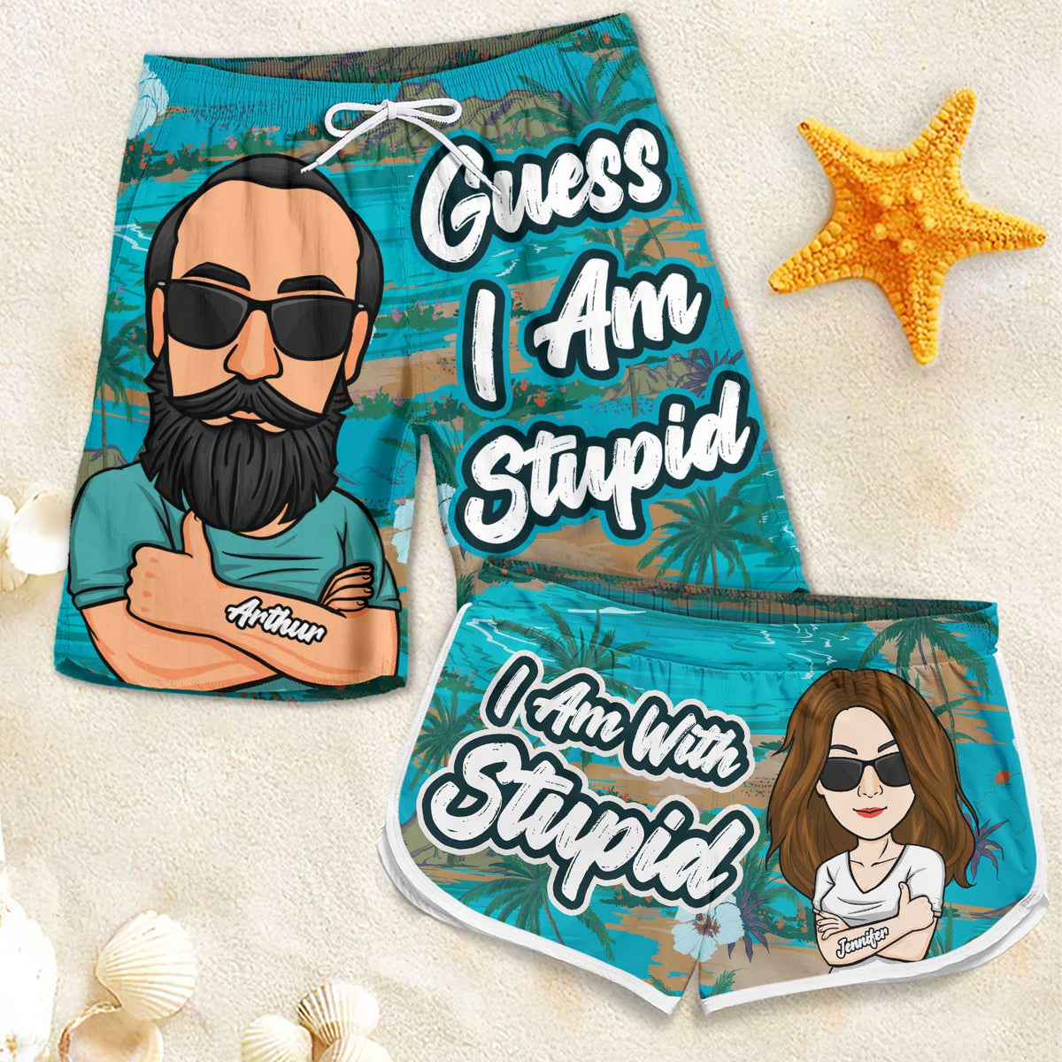 Je suis avec un idiot - Short de plage personnalisé pour couple - Cadeau pour couple, mari et femme