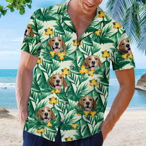 Motif de fleurs et feuilles tropicales colorées - T-shirt hawaïen unisexe personnalisé pour chien et chat - Télécharger une image, visage de chien, visage de chat - Cadeau vacances d'été, cadeau pour propriétaires d'animaux, amoureux des animaux