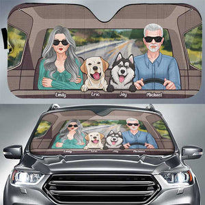 Couple conduisant avec un chien - Pare-soleil de voiture personnalisé - Cadeau pour couple, mari et femme