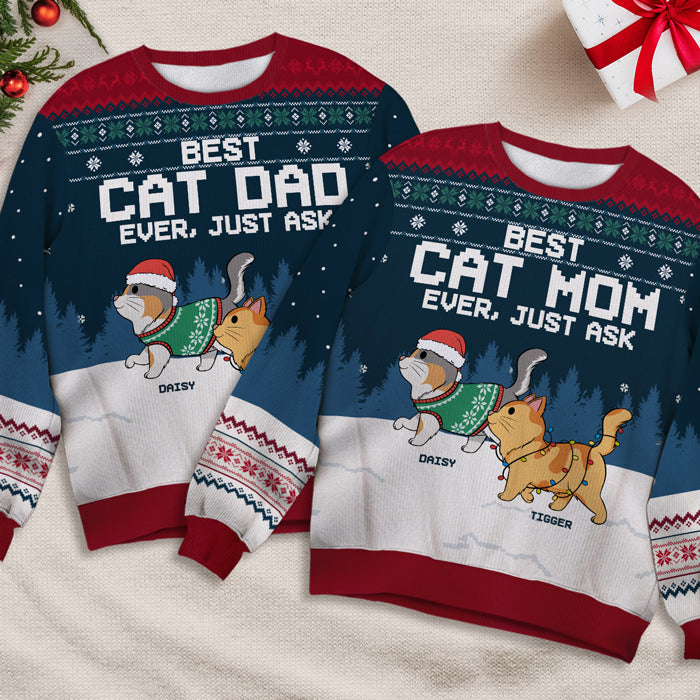 Meilleure maman chat, meilleur papa chat de tous les temps ! Demandez-moi ! Sweat-shirt moche personnalisé pour chat ! Pull en laine unisexe ! Cadeau de Noël pour propriétaires et amoureux des animaux