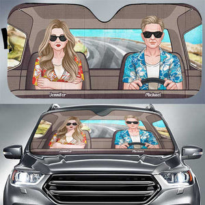 Mari et femme conduisant sur la route - Pare-soleil de voiture personnalisé - Cadeau pour couples, mari et femme