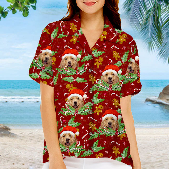 Motif canne à sucre et pain d'épices - T-shirt hawaïen unisexe personnalisé pour chien et chat - Télécharger une image, visage de chien, visage de chat - Cadeau vacances d'été, cadeau pour propriétaires d'animaux et amoureux des animaux