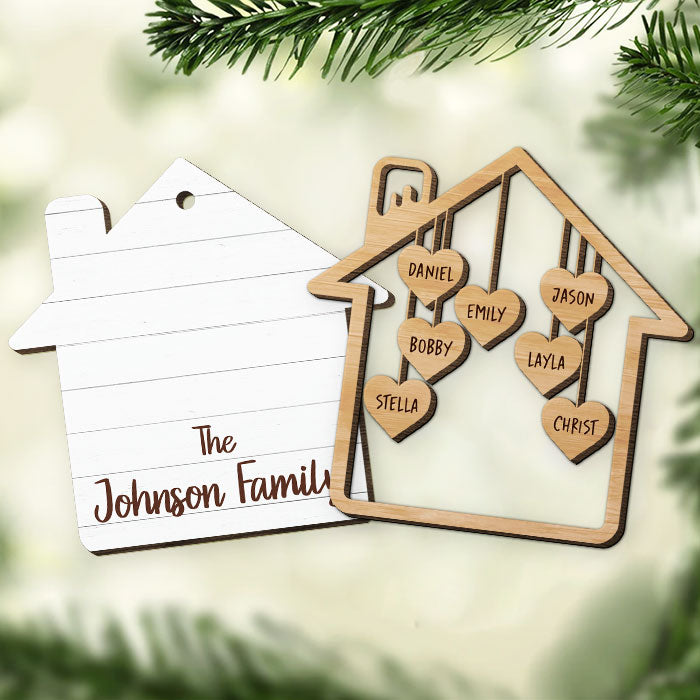 Ensemble, nous formons une famille - Décoration de Noël personnalisée en bois à deux couches en forme de maison - Cadeau pour un membre de la famille, cadeau de Noël
