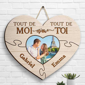 Tout De Moi Aime Tout De Toi - Upload Image, Gift For Couples, Husband Wife - Personalized Shaped Wood Sign French