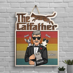 The Catfather - Personalized Shaped Wood Sign - Gift For Dad