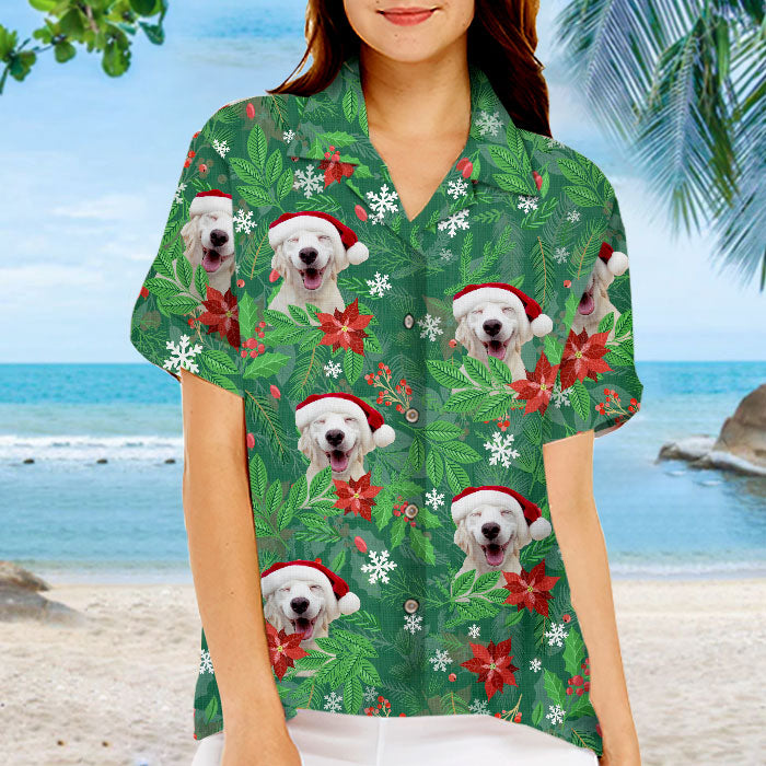 Motif floral de Noël - Chemise hawaïenne unisexe personnalisée pour chien et chat - Télécharger une image, visage de chien ou de chat - Cadeau de vacances d'été, cadeau pour propriétaires d'animaux et amoureux des animaux